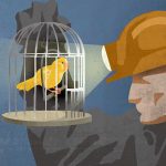 Coal miner looking at canary in cage