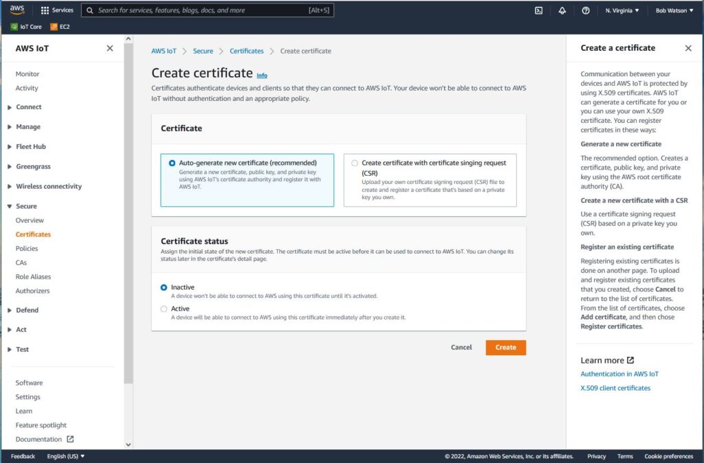 A screenshot of the AWS IoT create certificate screen