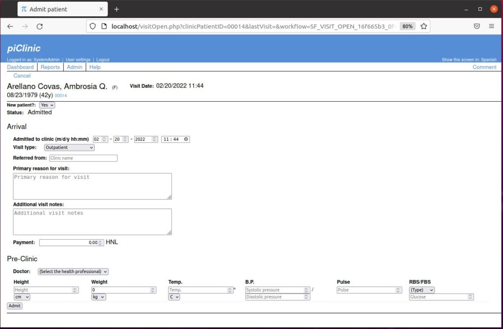 A screenshot of the piClinic user interface